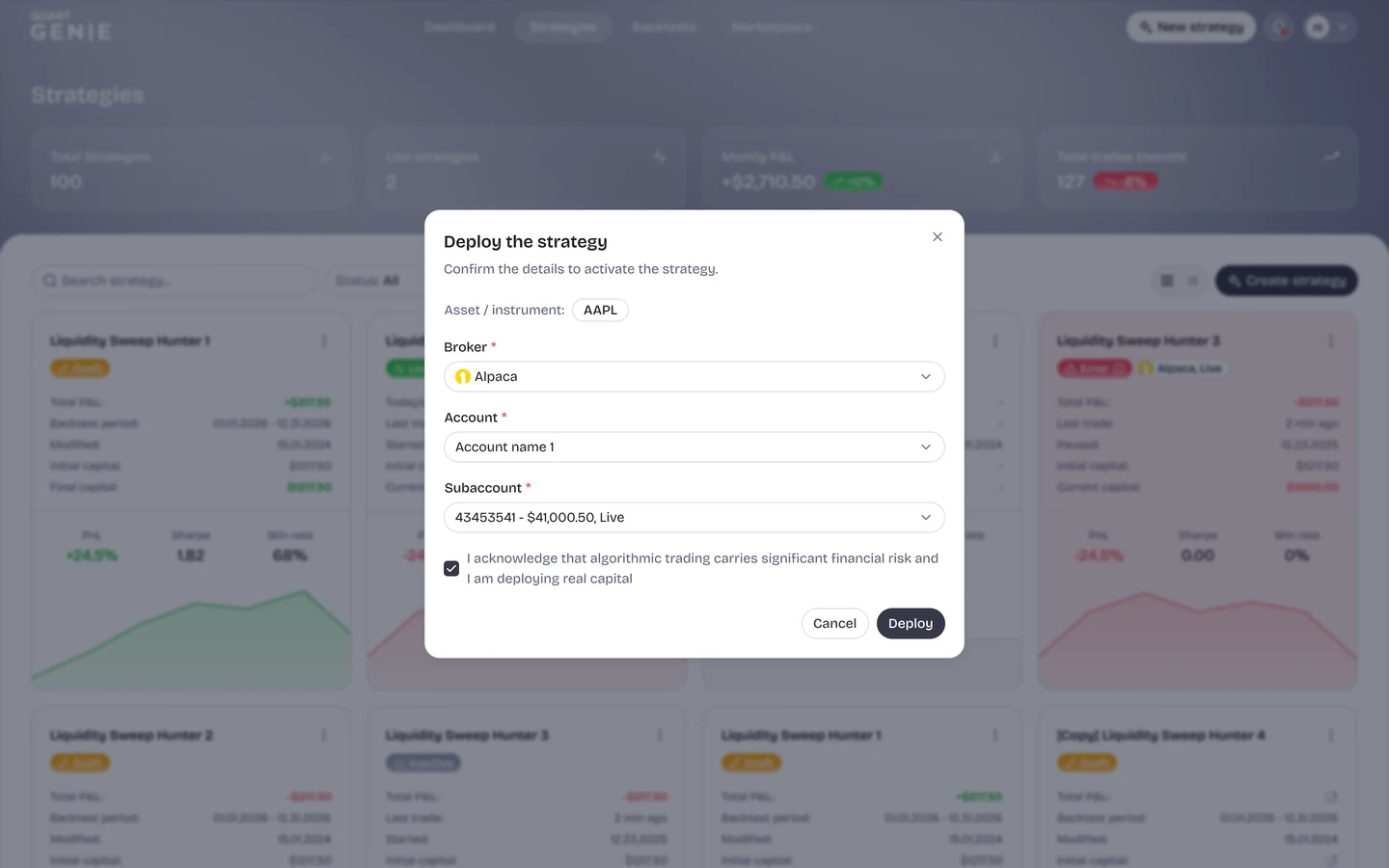 Quant Genie deploy dialog linking a backtested strategy to a broker partner account