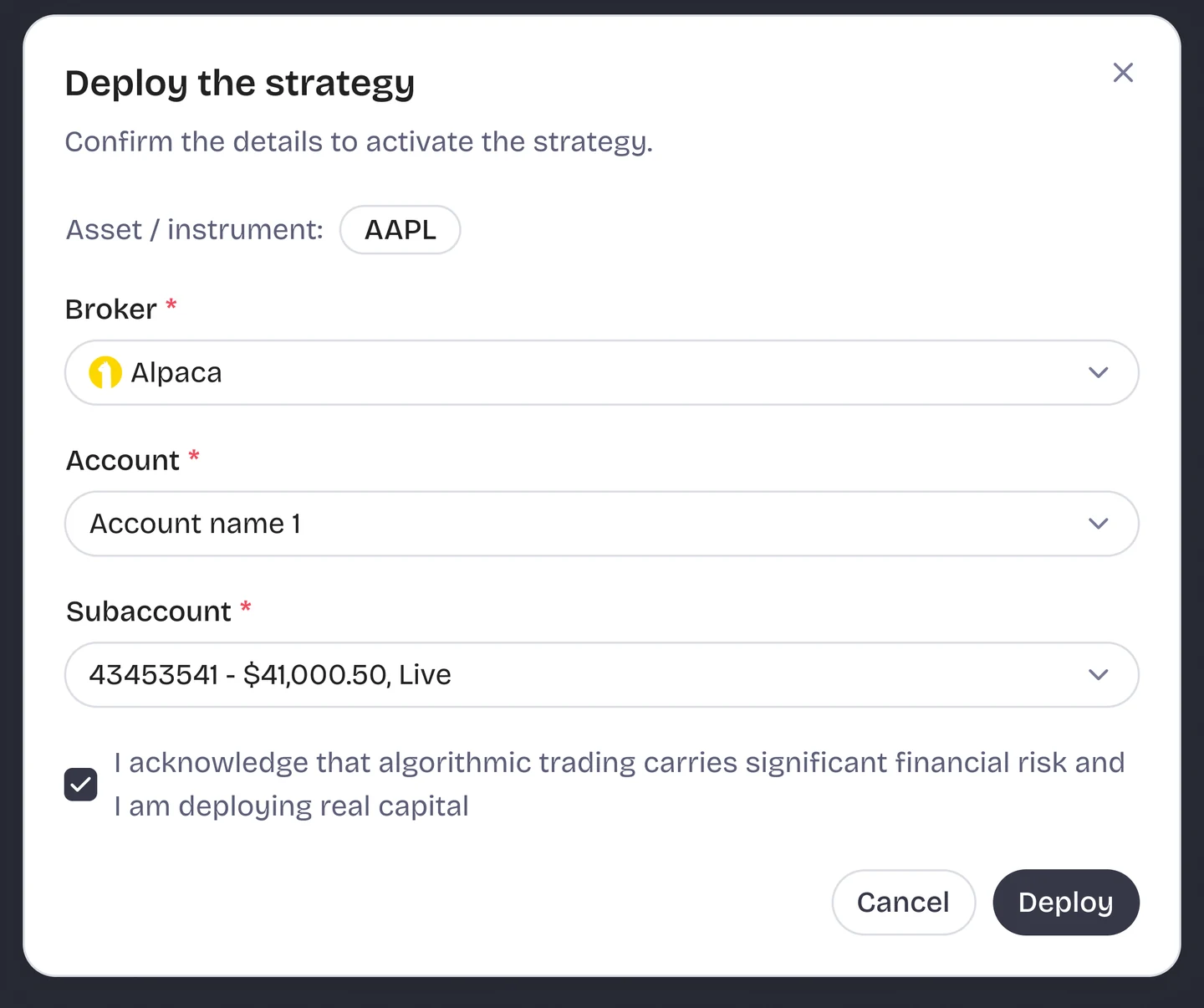 The QuantGenie deploy-strategy dialog — pick the broker sub-account and go live